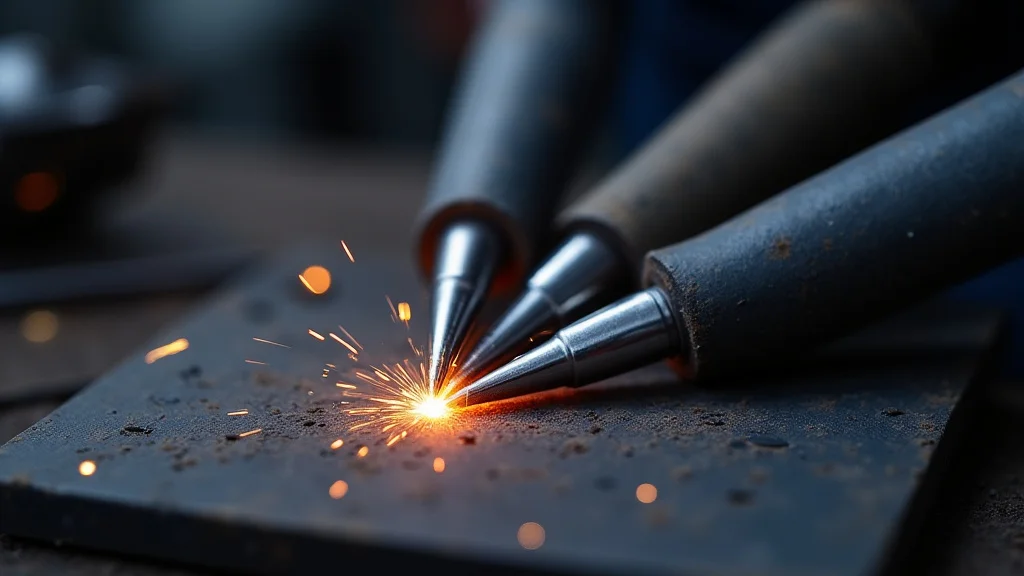 This image shows a close-up of a welding torch tip, illustrating how to properly replace tungsten for TIG welding.