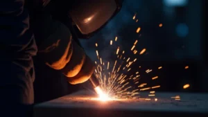 This image shows a gas regulator connected to a MIG welder, essential for setting correct gas flow for MIG welds.