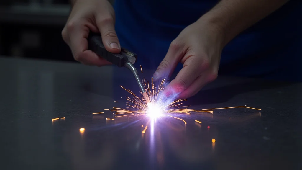 The image shows a TIG welding torch with an electrode, illustrating how to set the correct TIG electrode angle.