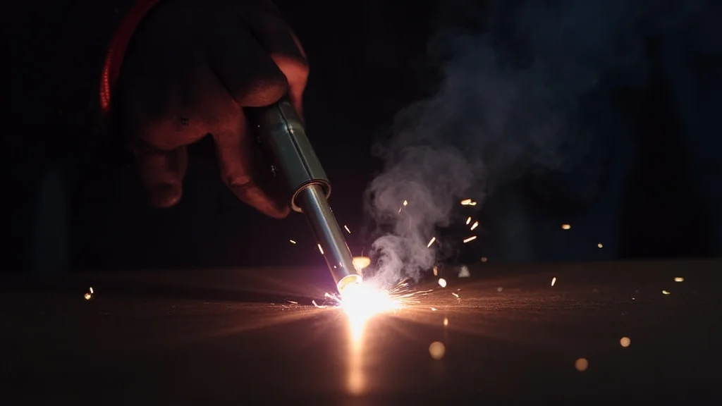 The image shows a TIG welding torch held at an angle, demonstrating correct torch angle for welding.