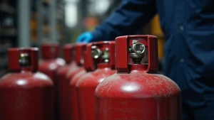 The image shows upright welding gas cylinders secured with straps, demonstrating safe storage practices.