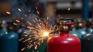 The image shows welding gas cylinders securely chained upright for safe storage.