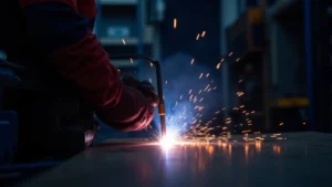 The image shows a welding machine control panel with various dials and a display, illustrating MIG settings for better weld quality.