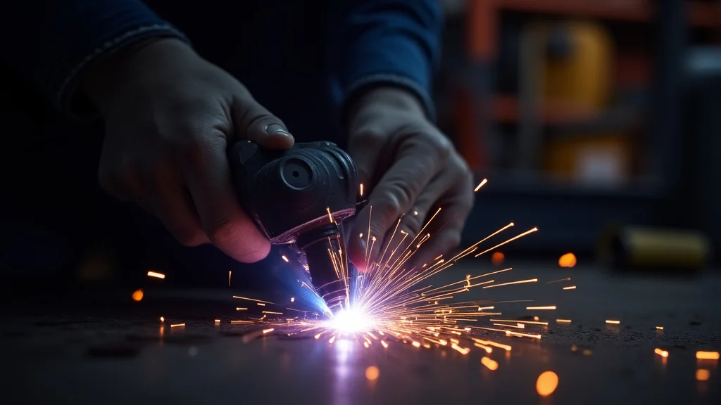 The image shows a MIG welder setup with controls adjusted for welding thin metals.