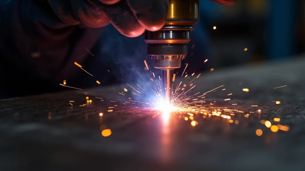 The image shows a close-up of a welding machine's wire feed mechanism, illustrating how to adjust mig wire feed for thin metals.