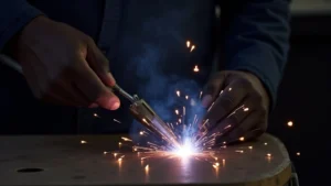 The image shows a close-up of a TIG welding torch and its pulse frequency settings, illustrating how to adjust them for better welds.