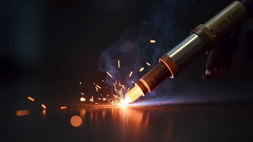The image shows a gloved hand holding a TIG welder torch, preparing to change its tip.