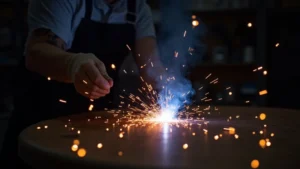 The image shows a person using a MIG welder, demonstrating how to choose the best one.