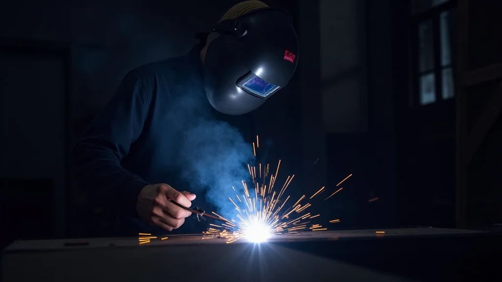 The image shows a welder wearing a protective helmet, illustrating how to choose the right welding helmet for safety.