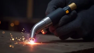 The image shows a clean welding torch tip and nozzle after cleaning for maintenance.