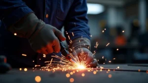The image shows a person inspecting a welding machine, possibly for how to fix a welding machine that won't start.