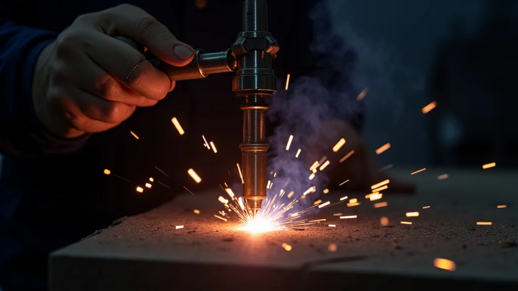 The image shows a close-up of a MIG welding gun tip, illustrating a common burnback issue.