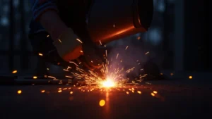 The image shows a MIG welder's wire feed mechanism, illustrating a common cause of burnback issues.