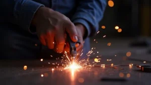 The image shows a disassembled MIG welder gun trigger mechanism for repair guidance.