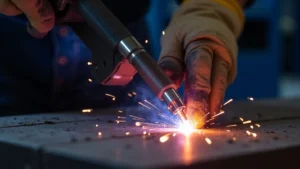 The image shows a TIG welding torch with an arc, demonstrating how to fix poor arc control.