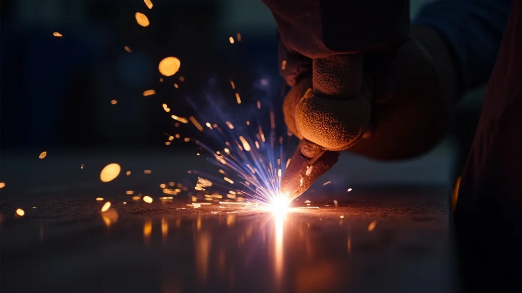 The image shows a welding machine with a visibly weak arc, illustrating the problem of fixing weak arc in stick welding.