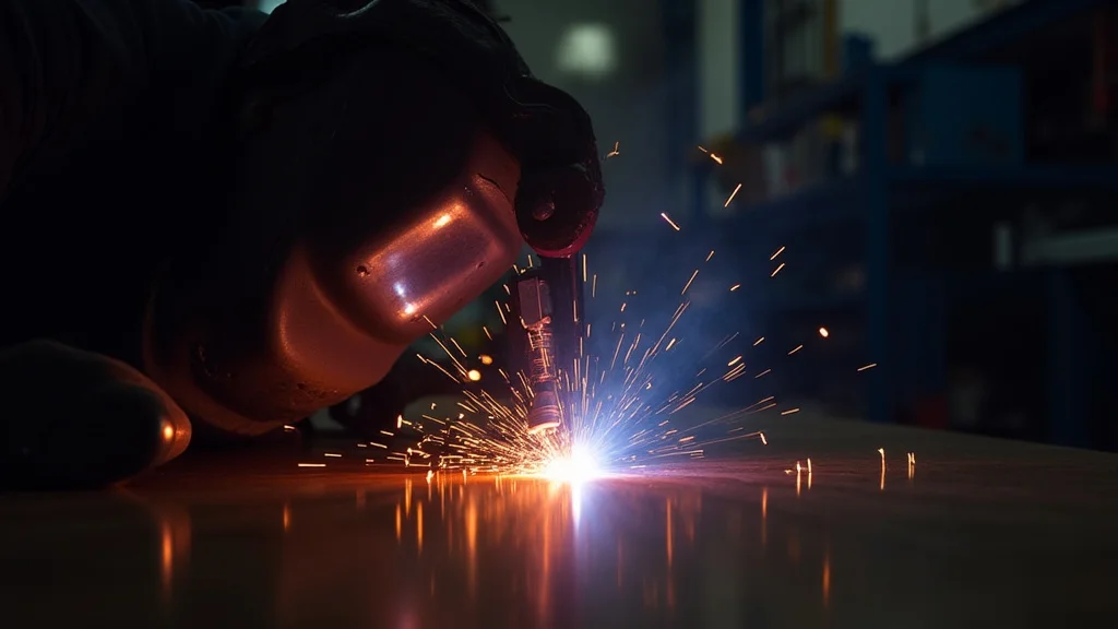 The image shows a close-up of a stable MIG welding arc, demonstrating techniques for improving arc stability.
