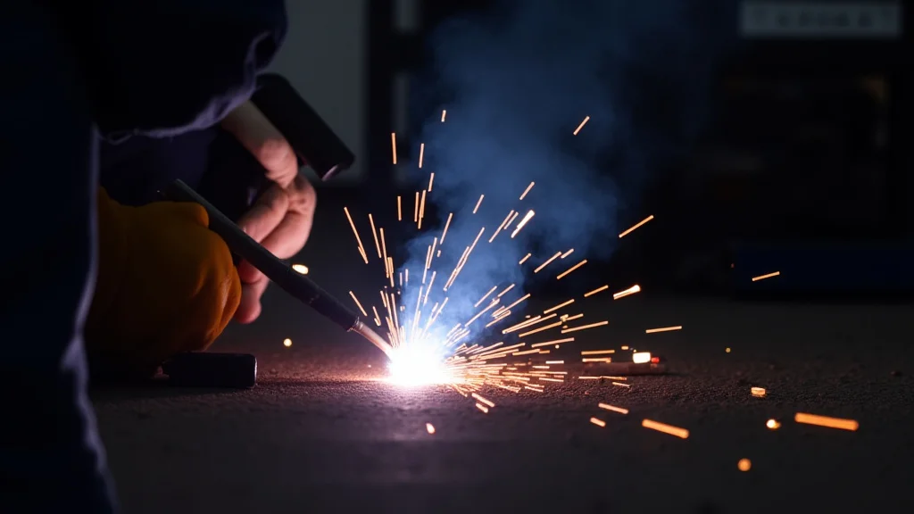 The image shows a TIG welding torch producing a stable, consistent arc for improved welding.