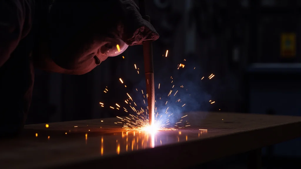 The image shows a close-up of a stable TIG welding arc, demonstrating how to maintain consistent arc length for quality welds.
