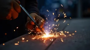 The image shows a welder working to prevent electrode sticking in stick welding.