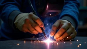 The image shows a close-up of a welding torch and workpiece, illustrating how to prevent welding burnback issues easily.