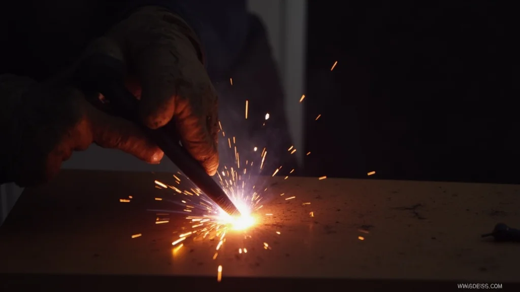 The image shows a grounded stick welder connection to a metal workpiece for proper grounding.
