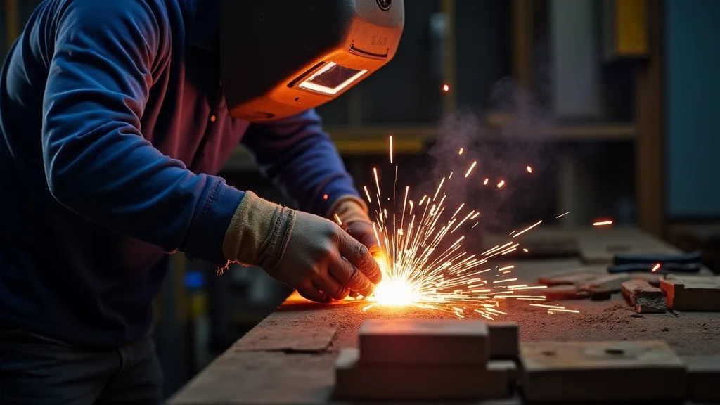 The image shows a welding clamp attached to metal for proper welding machine grounding.