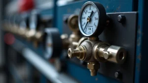 The image shows a close-up of welding gas regulators, illustrating proper setup for safe operation.