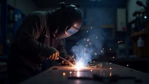 The image shows a welder wearing a respirator to protect from harmful fumes.