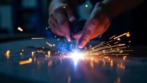 The image shows a welder using a jig to reduce distortion on thin metal during a welding process.
