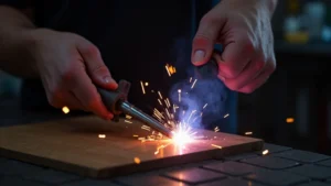 The image shows a MIG welder wire spool being properly replaced, demonstrating the correct steps.