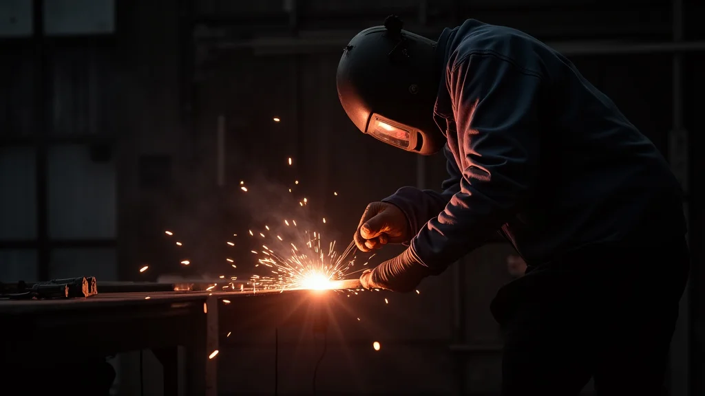 The image shows a MIG welder setup with a helmet and gloves, ready for beginner welding practice.