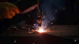 This image shows a properly attached welding ground clamp, demonstrating correct usage for safety and effective welding.