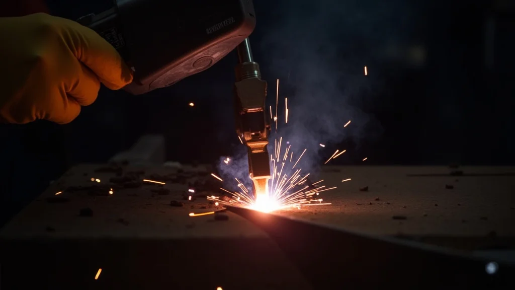 This image shows a properly attached welding ground clamp, demonstrating correct usage for safety and effective welding.