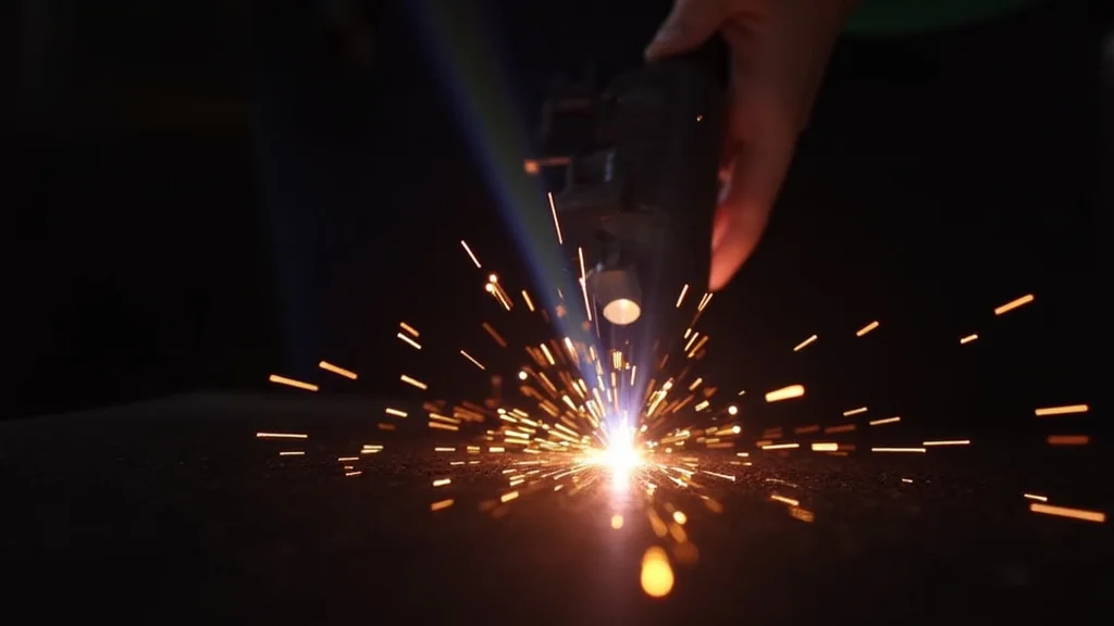 The image shows a MIG welder producing an arc, illustrating the problem of arc blowing.