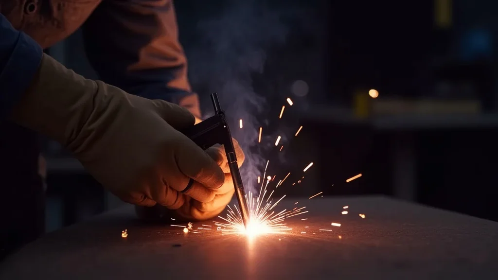 The image shows a Mig welder arc flickering, illustrating step solutions for troubleshooting.