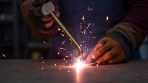 The image shows typical Mig welder burn marks on metal, illustrating troubleshooting common issues.