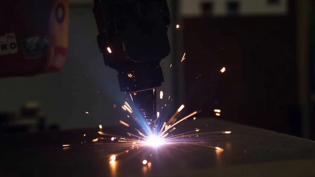 The image shows a MIG welder tip with significant burnback, illustrating a common issue addressed in the quick fix guide.