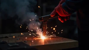The image shows a close-up of a MIG welder tip with molten metal indicating a common burnback problem.