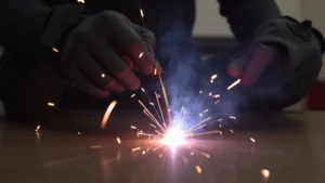 The image shows a MIG welder electrode tip with wire feed issues, relating to Mig Welder Electrode Not Moving? Quick Fix.