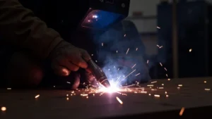 The image shows a welding torch with an unstable MIG arc, illustrating the problem addressed in the blog post.
