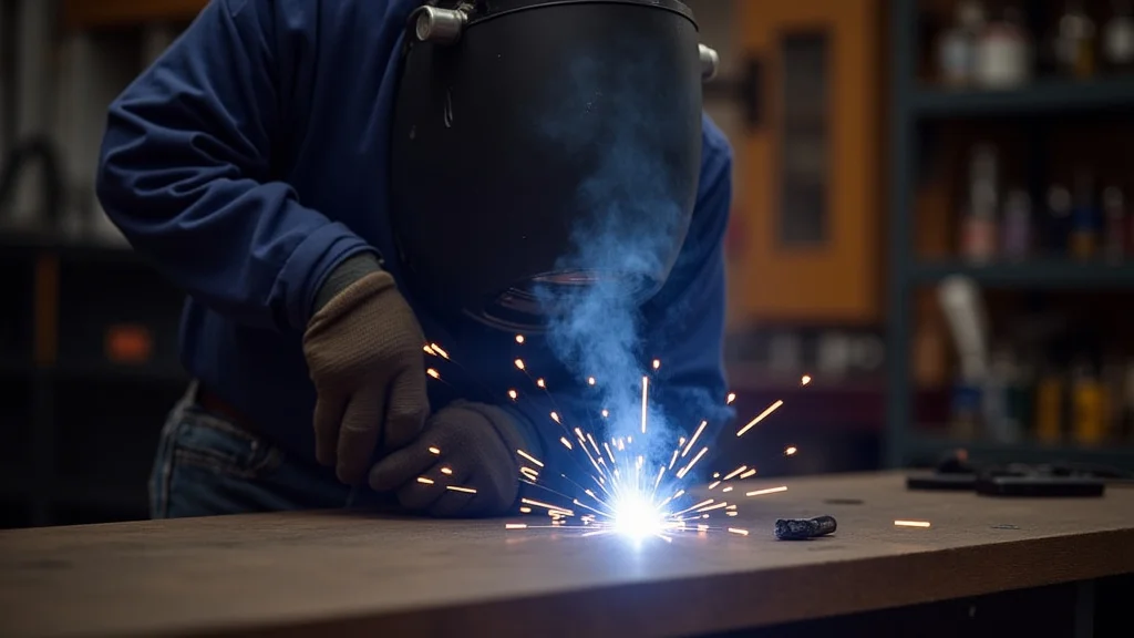 The image shows a MIG welder nozzle with a visible gas shield issue, illustrating a common problem and its quick fix.