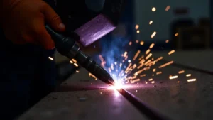 The image shows a close-up of a welding gun trigger, illustrating potential Mig welder trigger issues and solutions.