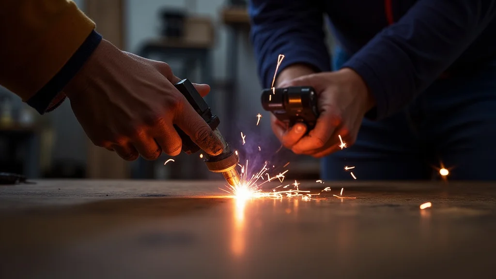 The image shows a close-up of a MIG welder trigger, illustrating a jammed mechanism for a quick fix.