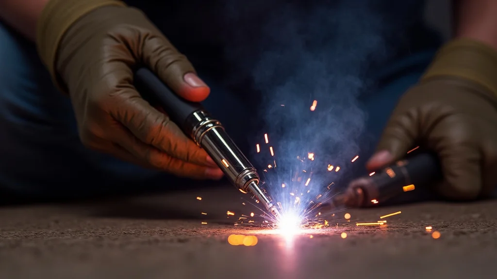 The image shows a MIG welder gun with a finger on the trigger, illustrating troubleshooting a MIG welder trigger not working.