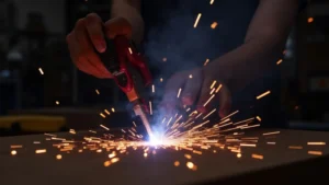 The image shows a close-up of a mig welder's trigger assembly, highlighting potential problem areas for fixing.
