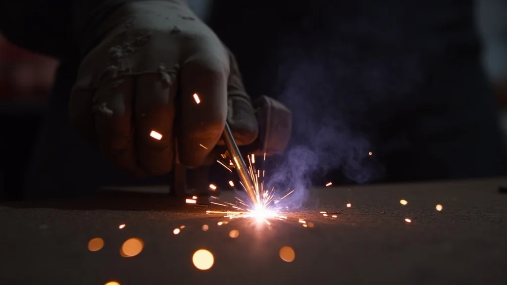The image shows a MIG welder gun with the trigger partially pulled, illustrating a common troubleshooting point.