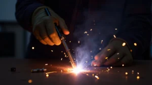 The image shows a diagram illustrating Mig Welder Voltage Drop? Step Solutions with electrical components and measurements.