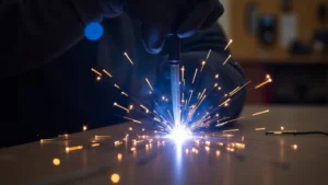 The image shows a close-up of a MIG welder wire feed mechanism, illustrating a common troubleshooting solution.