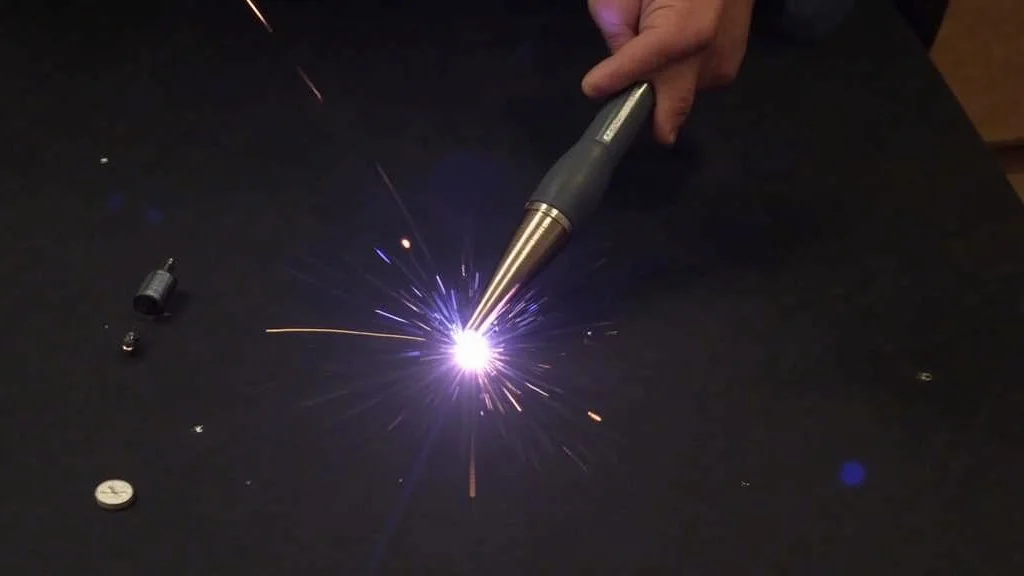 The image shows a close-up of a mig welder wire feeder nozzle experiencing a wire feed issue.